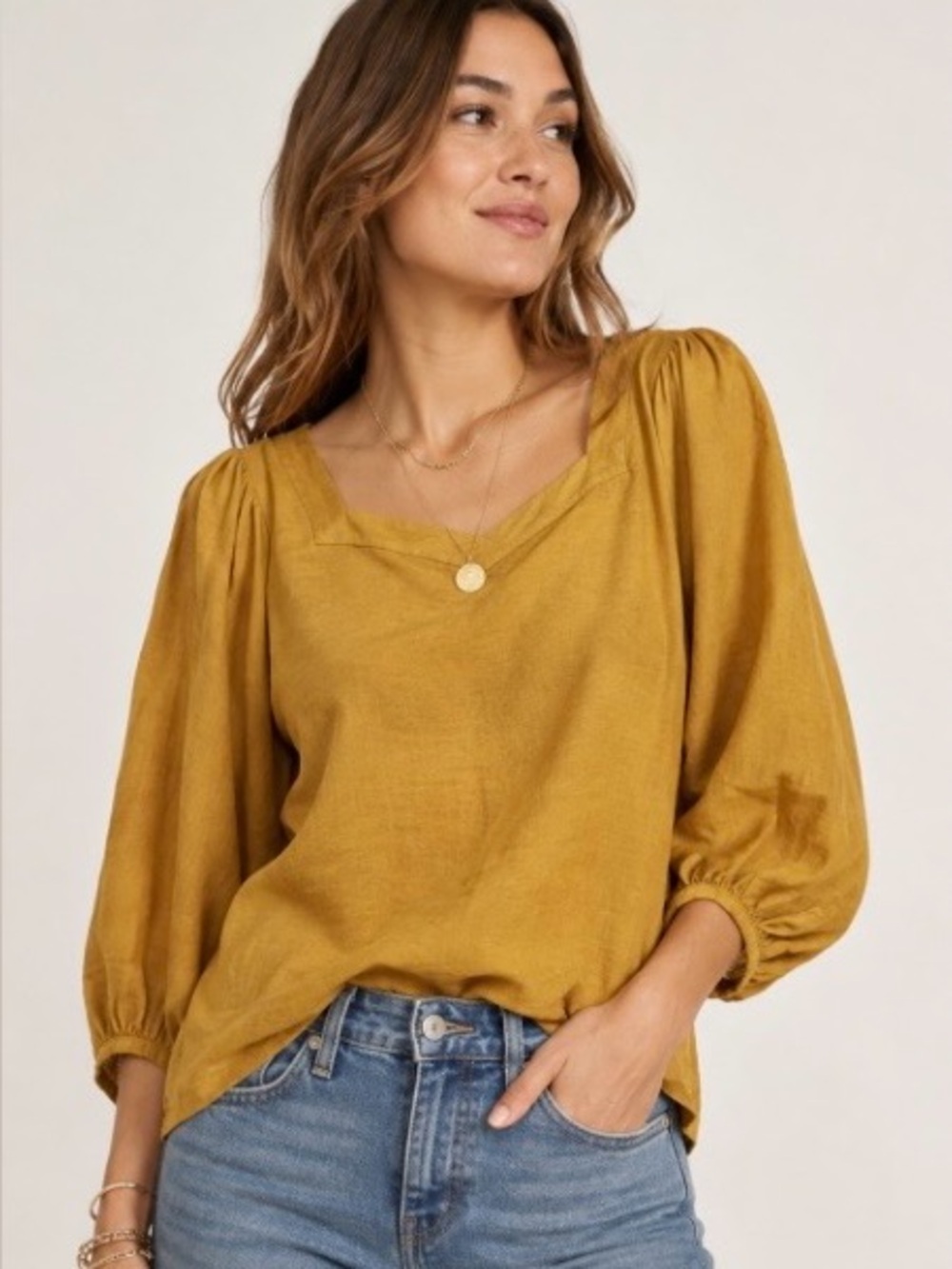 Anthropologie Mustard Yellow V-Neck Balloon Sleeve Blouse